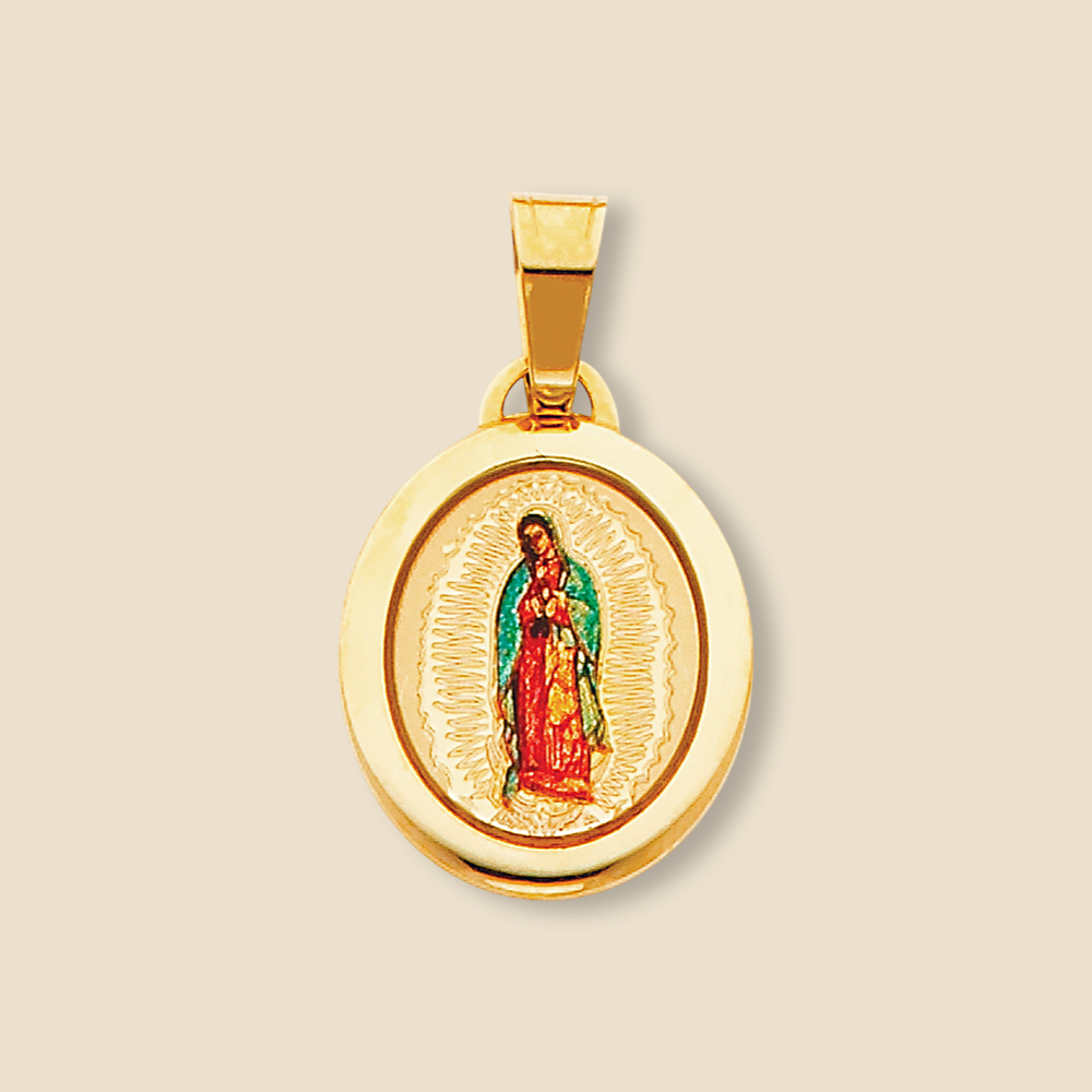 14K Gold Virgin De Guadalupe Pendant on a plain background – A beautifully crafted religious medallion featuring an intricate depiction of the Virgin of Guadalupe, made from genuine 14K yellow gold with a polished finish. A timeless symbol of faith and devotion.