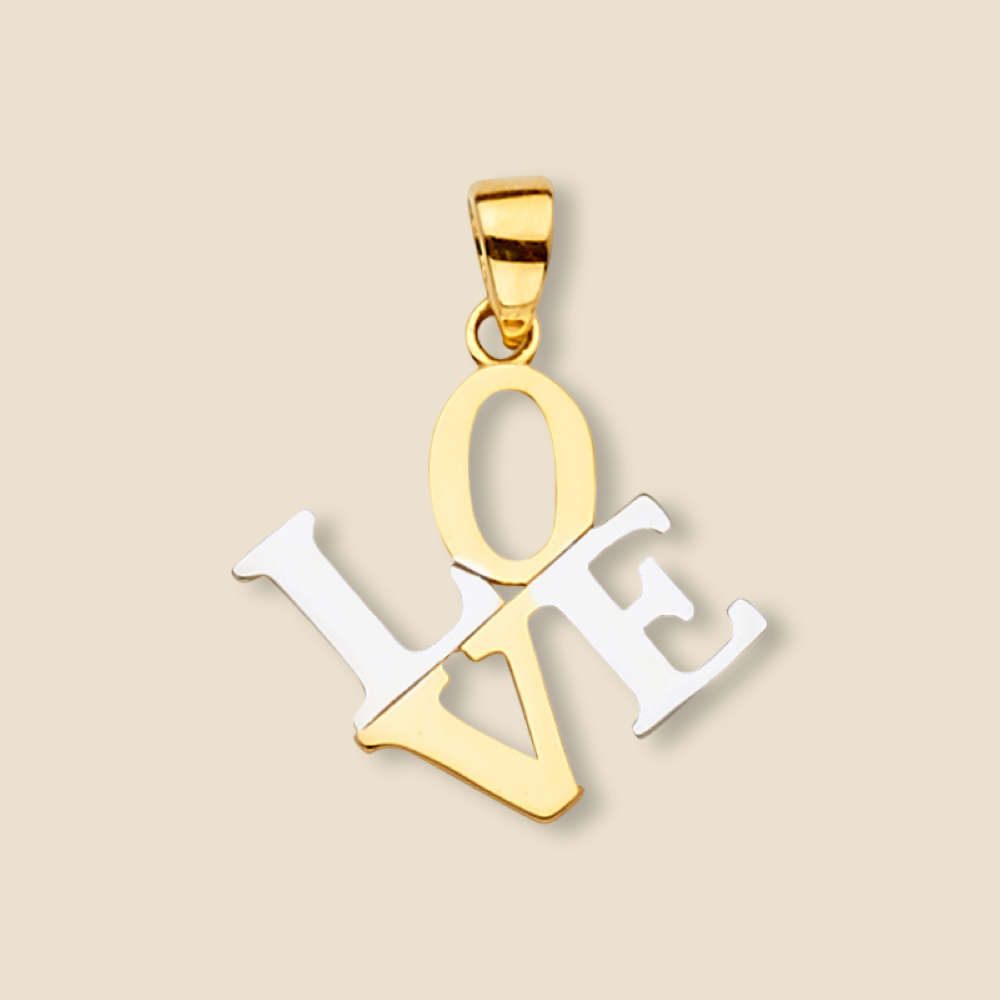 Minimalist image of a two-tone 14K gold "Love" charm on a plain background, emphasizing the polished surface and artistic script styling.