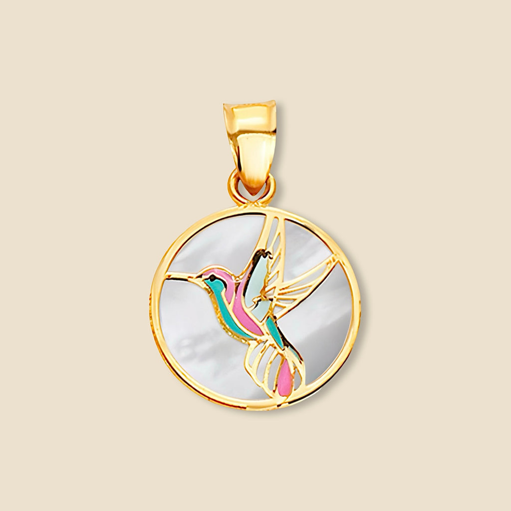 14K Yellow Gold Hummingbird Medal Pendant with Mother of Pearl displayed on a plain background.