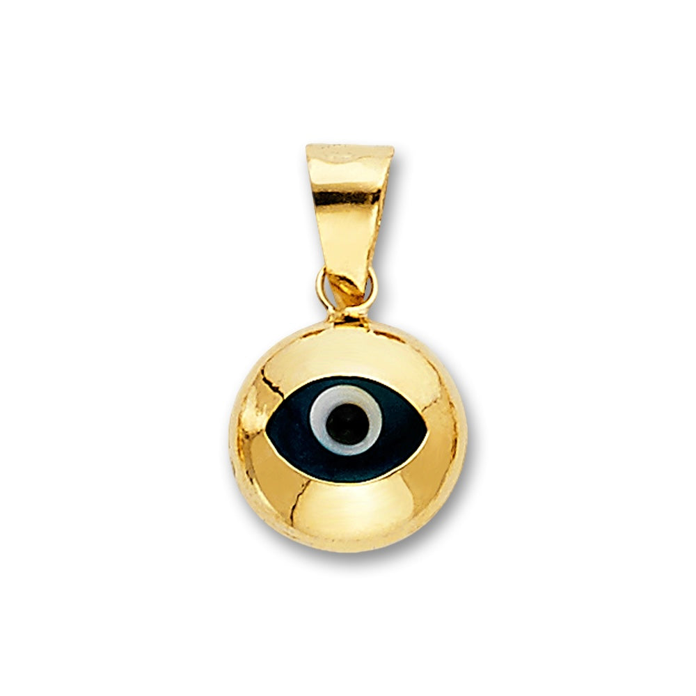 A close-up of a 14K yellow gold blue evil eye pendant displayed on a plain white background, featuring a choice of blue or red cubic zirconia center.