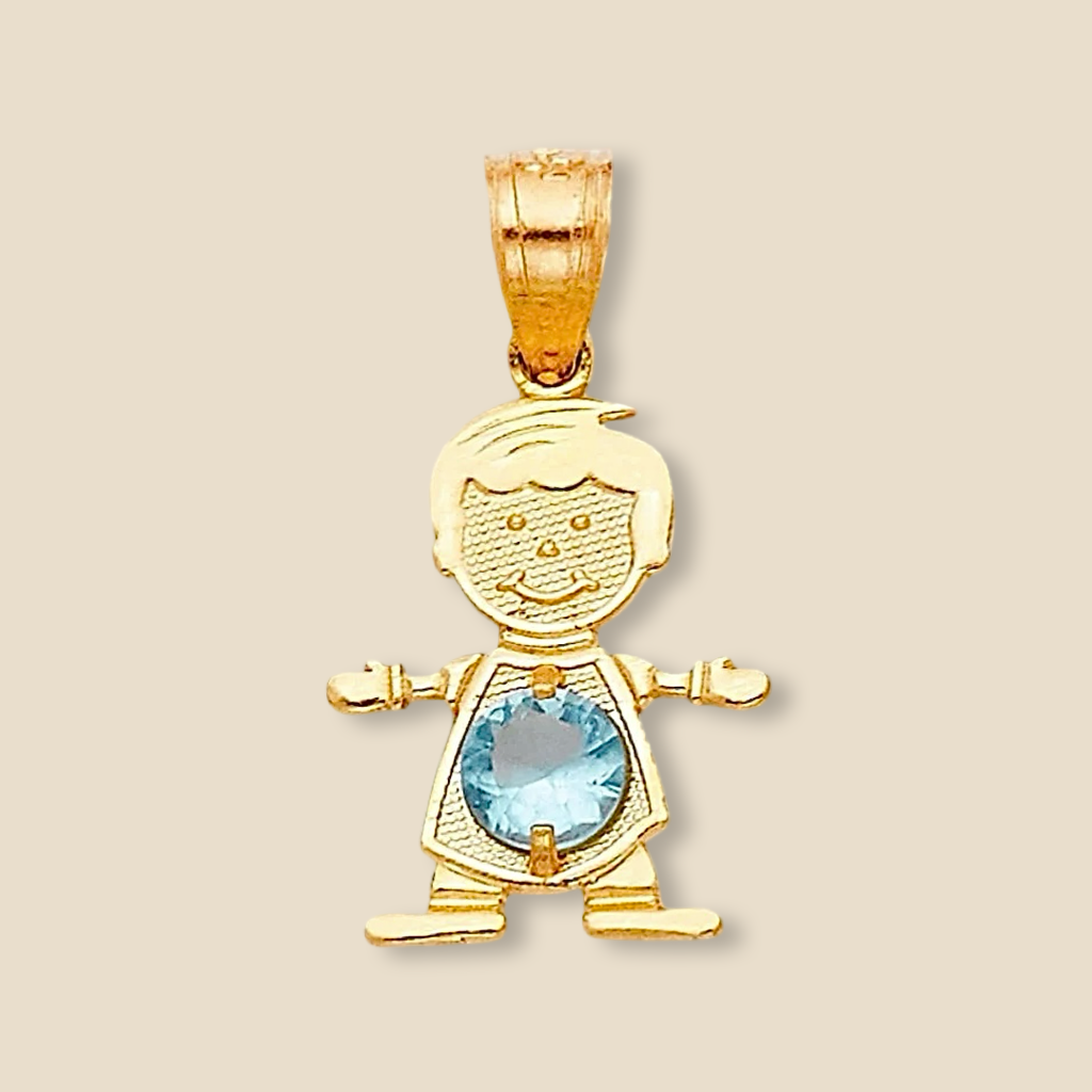 14K Solid Gold March Birthstone Boy Charm with light blue cubic zirconia, displayed on a plain background to highlight its polished finish and sparkling gemstone.