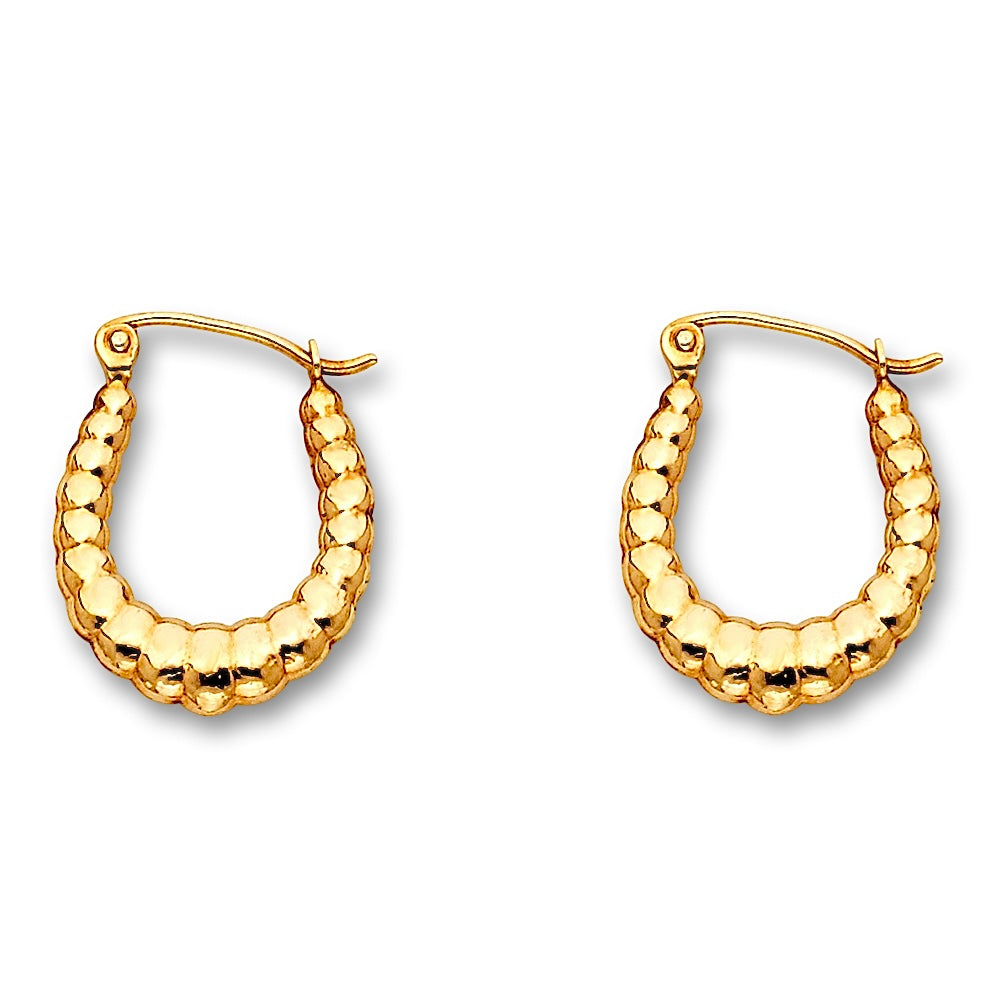 14K Yellow Gold Fancy Hollow Hoop Earrings on a plain white background, highlighting their polished finish and curved shape.