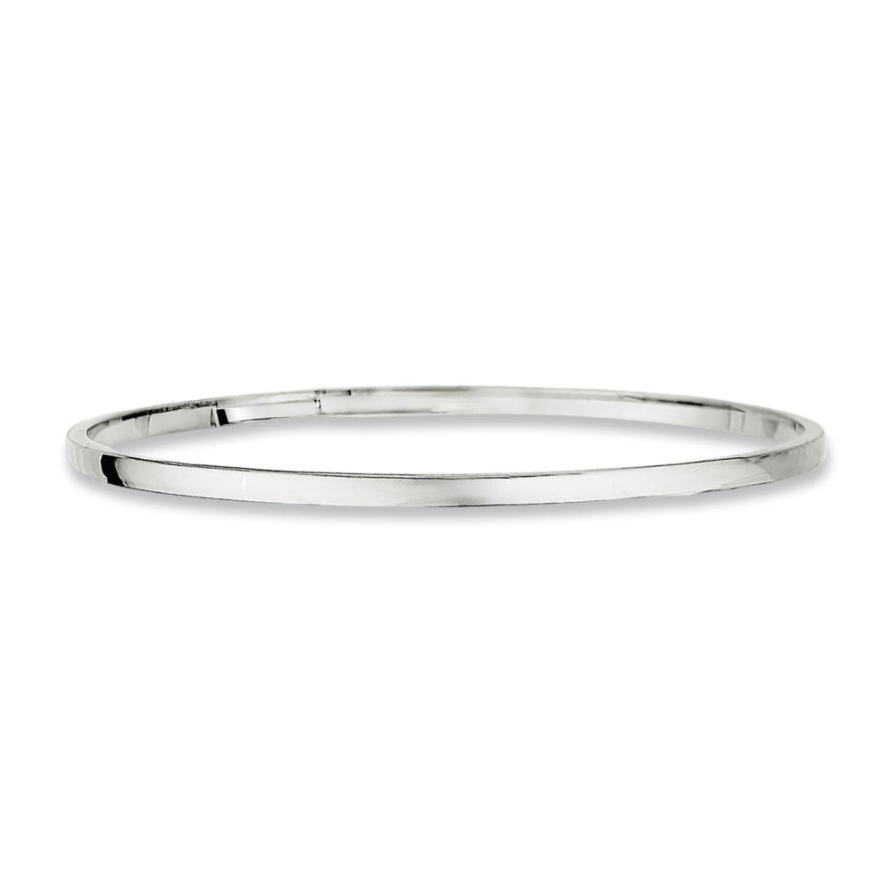 A high-resolution studio shot of a 14K white gold square bangle bracelet with a 3mm hollow design, photographed against a white background to emphasize its fine polish and structured silhouette.