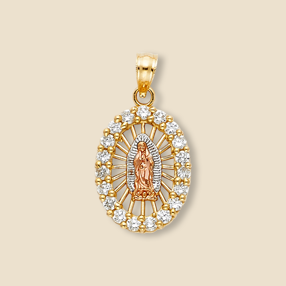 14K Solid Gold Lady of Guadalupe Charm displayed against a plain background. This polished gold pendant features a detailed depiction of the Virgin of Guadalupe, accented with sparkling cubic zirconia, symbolizing faith and divine protection.