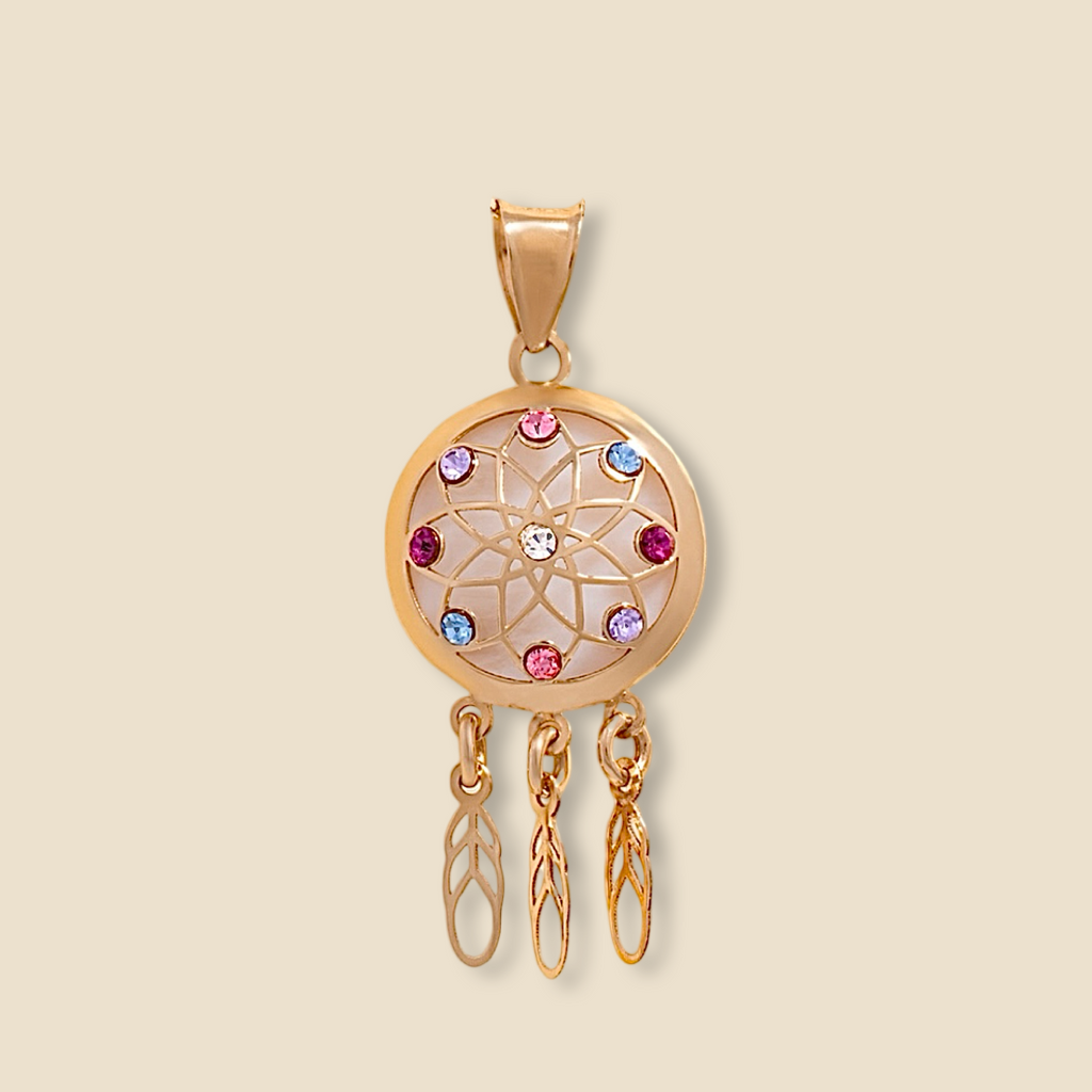 Minimalist photo of a solid 14K gold dreamcatcher pendant displayed on a plain background, focusing on its polished finish and detailed craftsmanship.