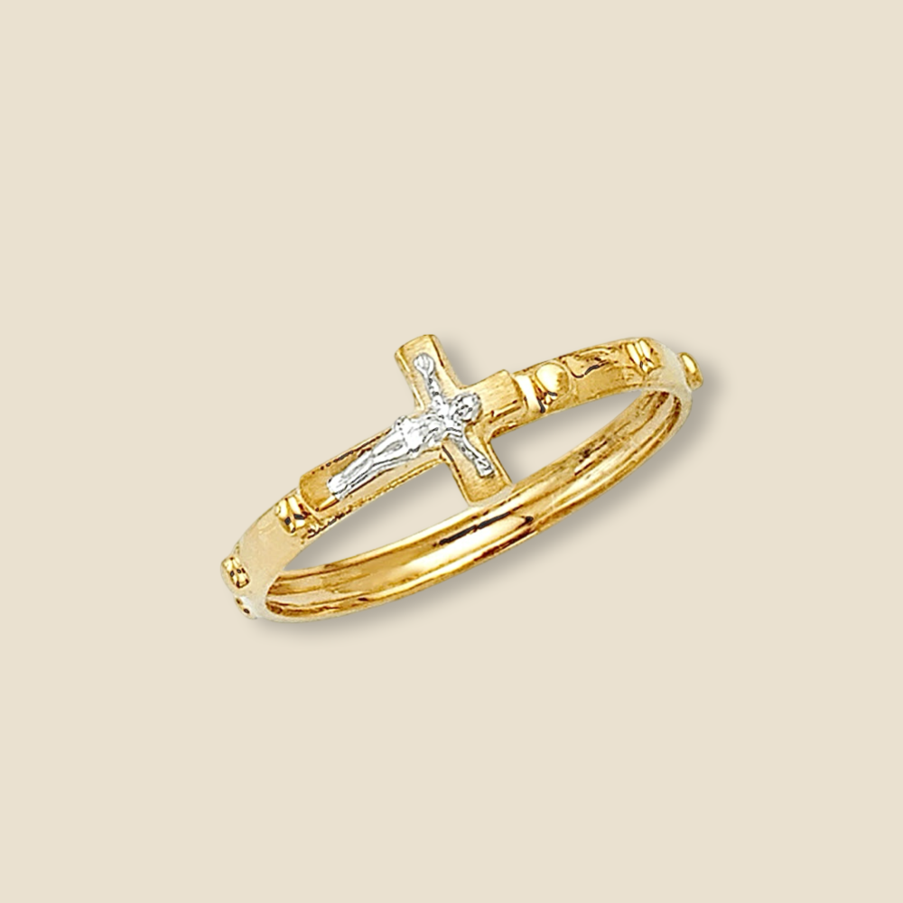 14K yellow gold rosary eternity band ring in size 7 displayed on a plain background, highlighting the dainty 2mm beaded design and polished finish.