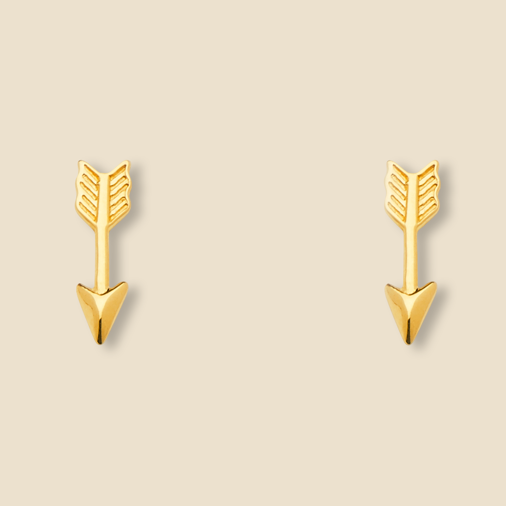 14K yellow gold arrow earrings shown on a plain background, highlighting the modern, symbolic design and gleaming finish.
