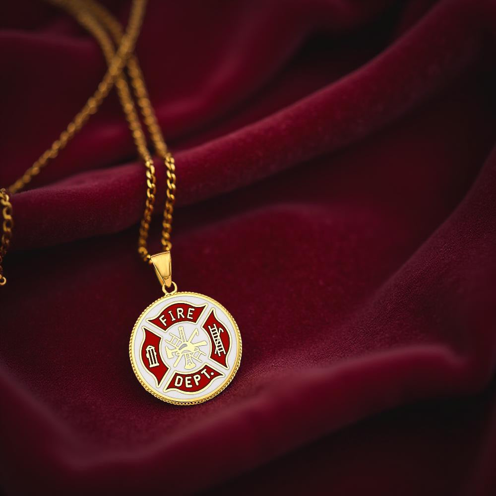 Close-up of a 14K Yellow Gold Fire Department Pendant displayed on a dark red cloth, highlighting its intricate detailing and elegant shine.
