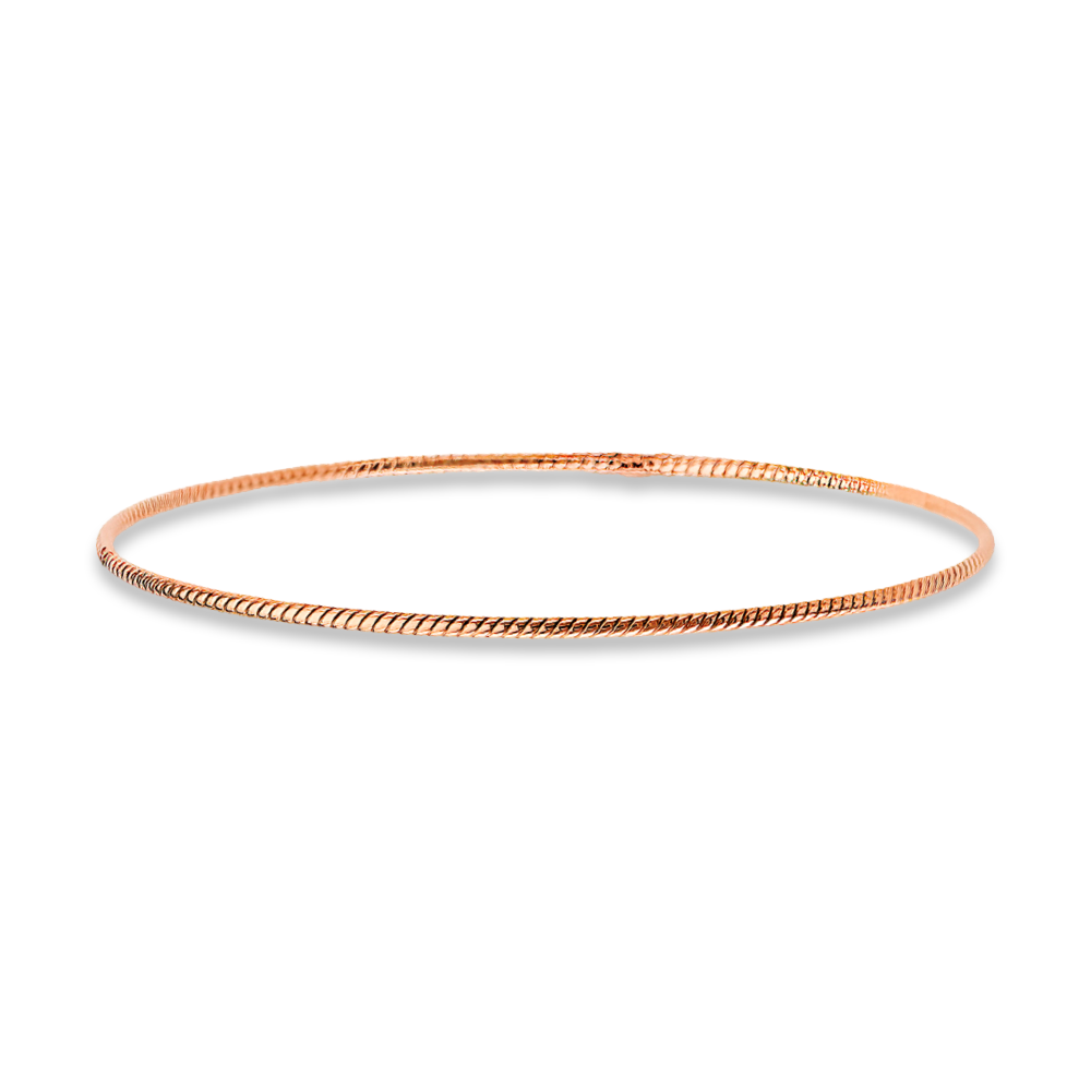 A minimalist 14K rose gold braided bangle lying flat on a solid white background. Its fine 1.5mm width and cool-toned polished finish offer a sleek, modern look, enhanced by the subtle texture of the braided detailing.