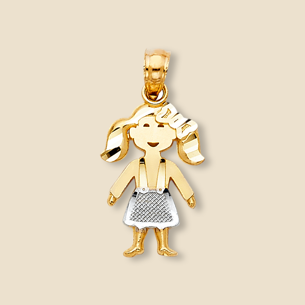Two-tone 14K gold baby girl pendant featuring a charming silhouette design, displayed on a plain background. The polished finish and delicate shape showcase its sentimental elegance and high-quality craftsmanship.