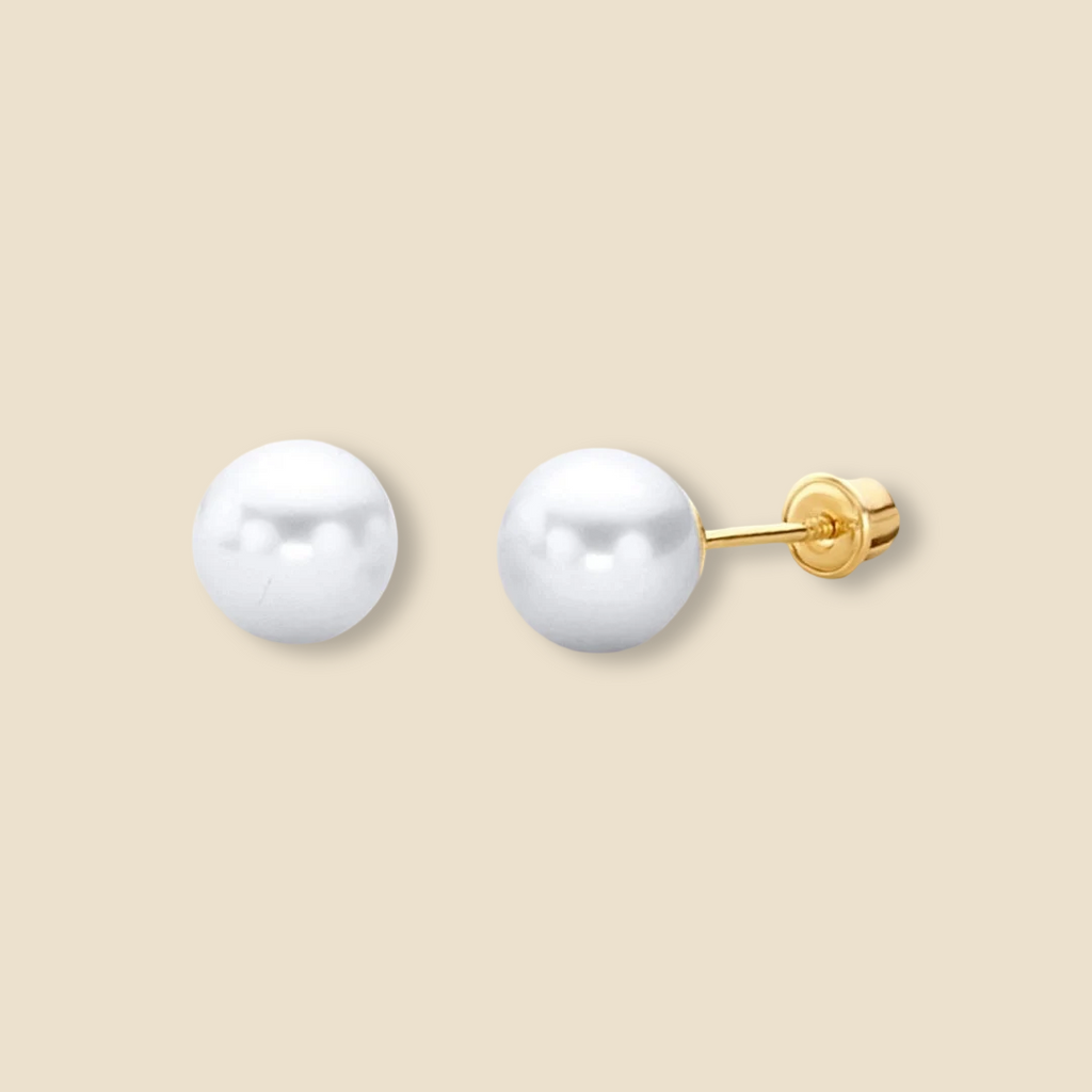 14K Yellow Gold 6mm Pearl Stud Earrings shown on a plain background, featuring luminous round pearls in a classic stud design with a secure screw-back closure.