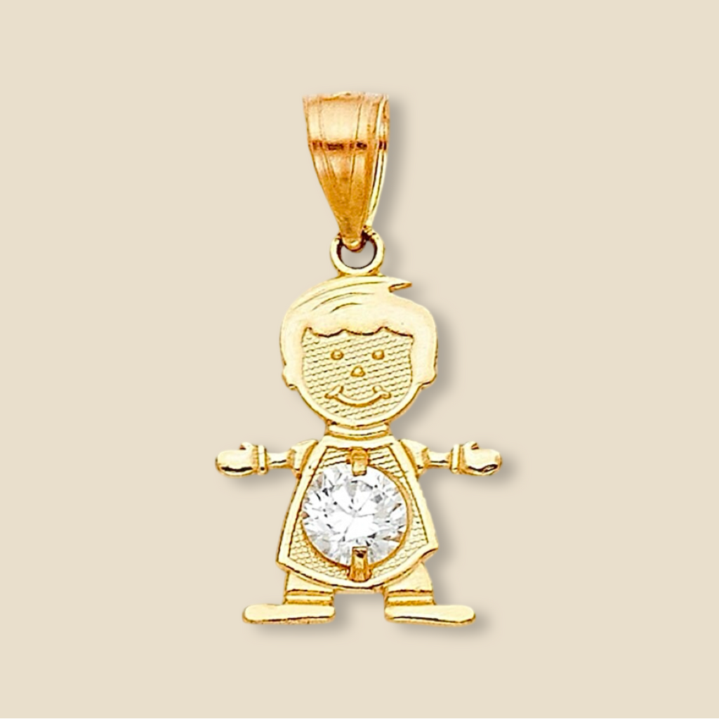 14K Solid Gold April Birthstone Boy Charm featuring a white cubic zirconia stone, resting on a plain background to emphasize its polished gold finish and intricate details.