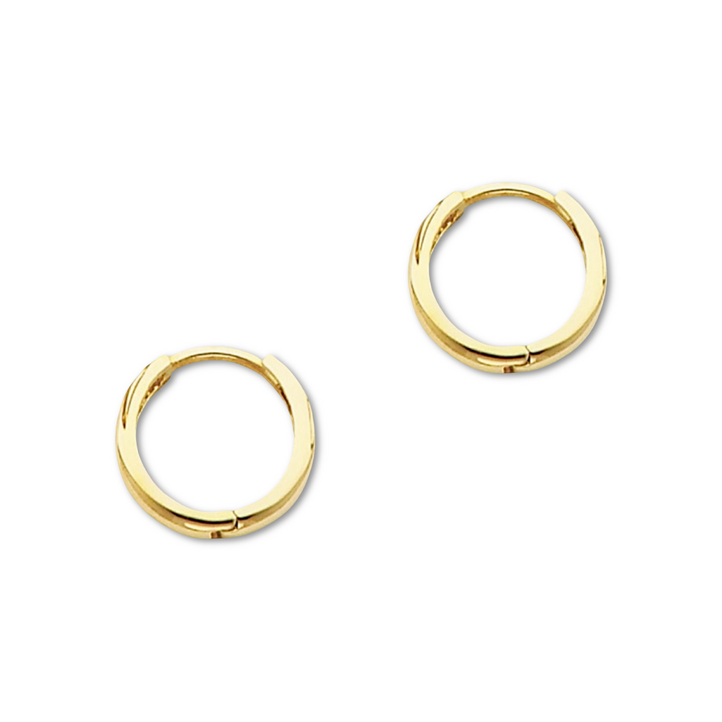 A pair of small 14K yellow gold Huggies earrings shown against a plain backdrop, revealing the sleek curvature and 10mm diameter of each hoop.