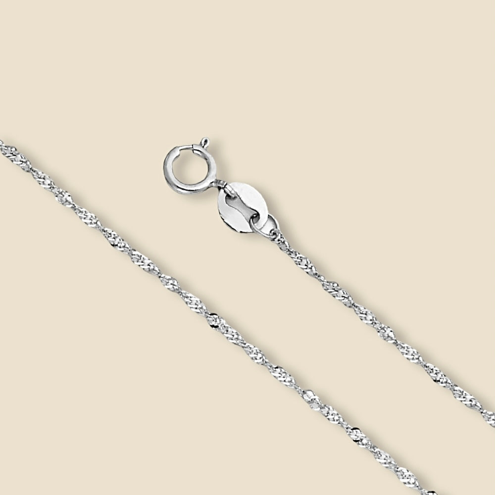 14K White Gold Singapore Chain Necklace displayed on a plain background with a twisted rope design.