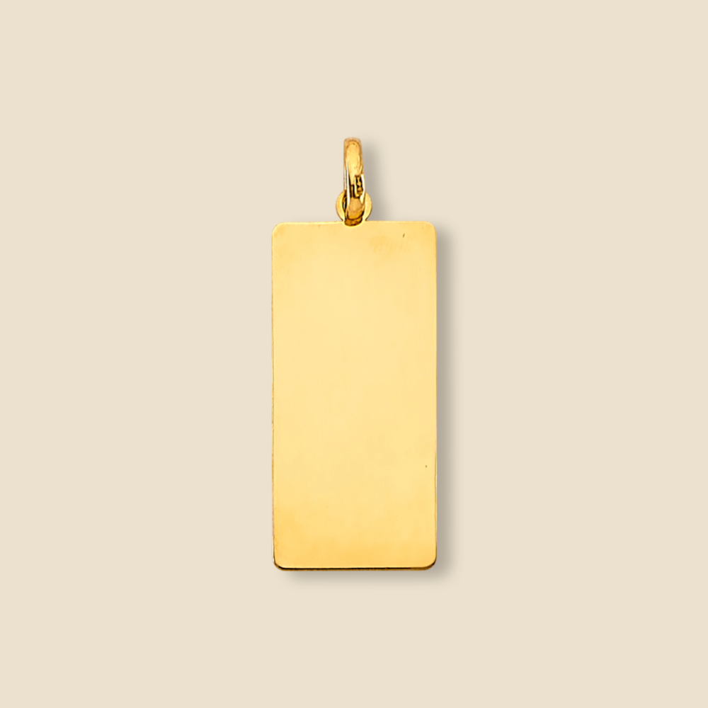 Simple 14K yellow gold bar charm displayed on a plain background for clear detailing.