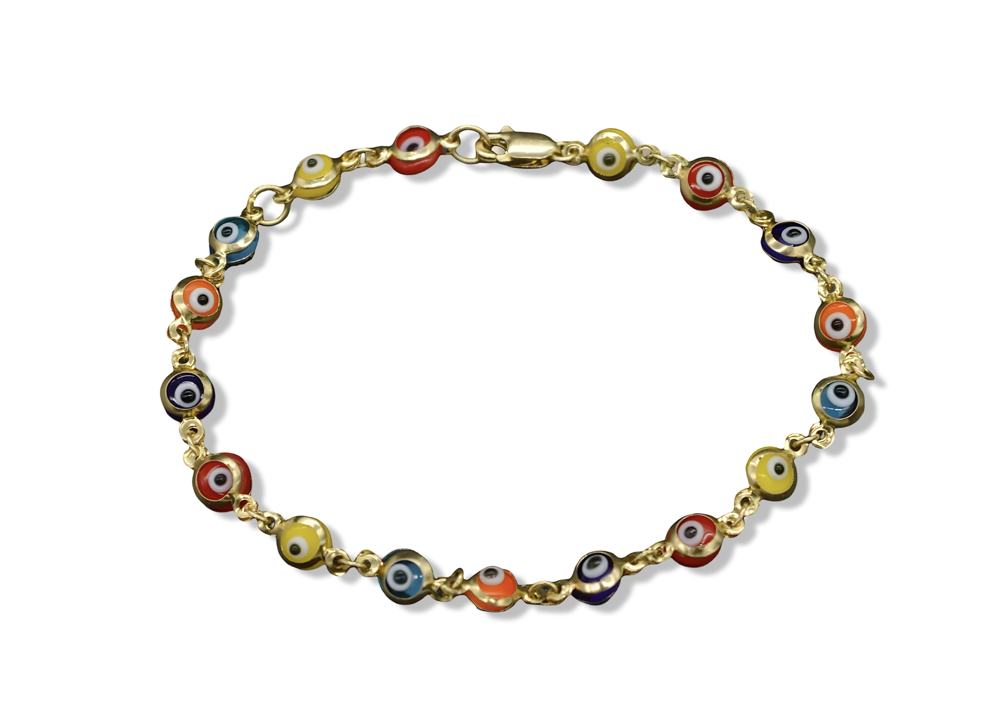 14K gold mixed color evil eye bracelet featuring vibrant enamel charms resting on a white plain background, showcasing intricate detail and fine craftsmanship.