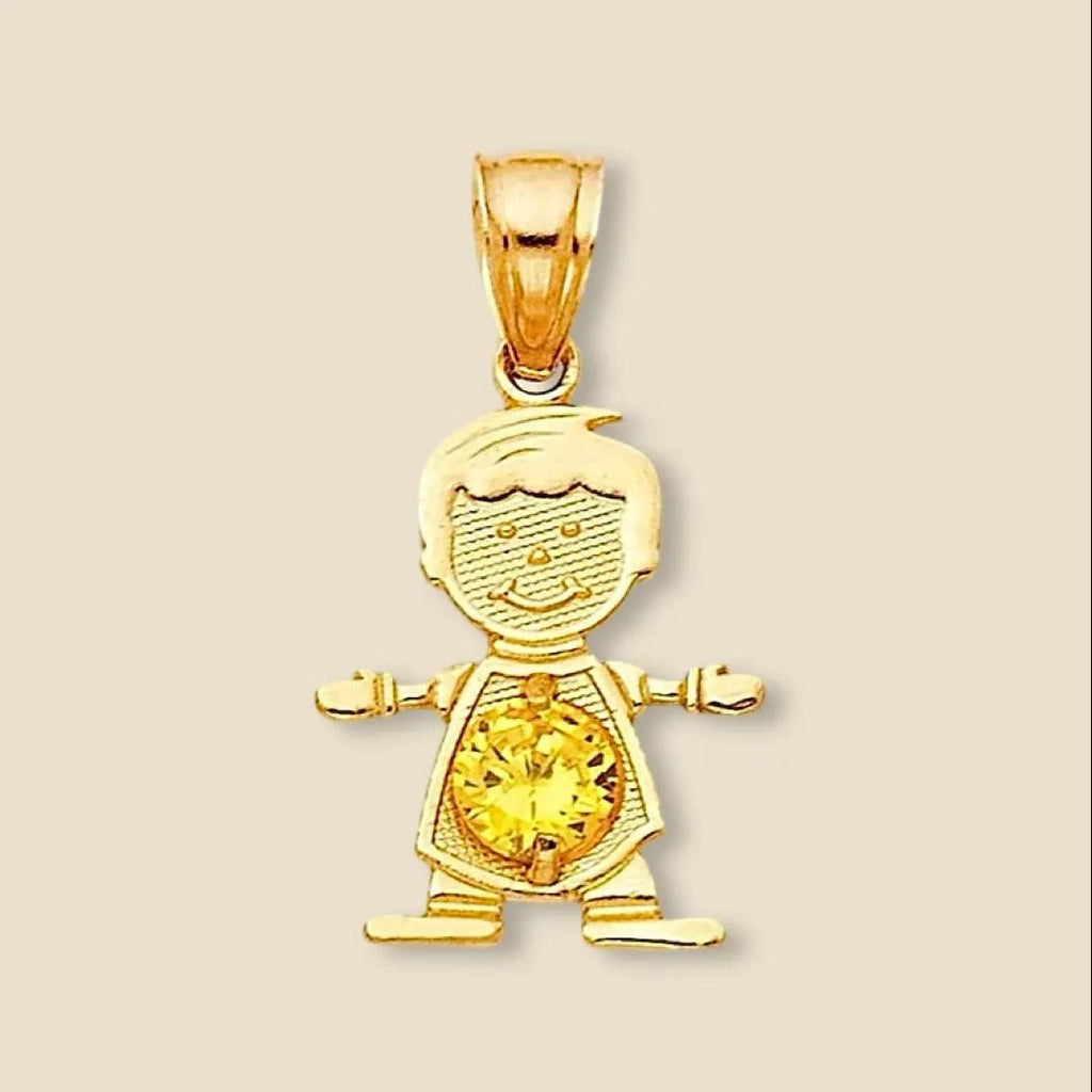 14K Solid Gold November Birthstone Boy Charm featuring a yellow cubic zirconia, styled on a white background to showcase its polished gold finish and clean silhouette.
