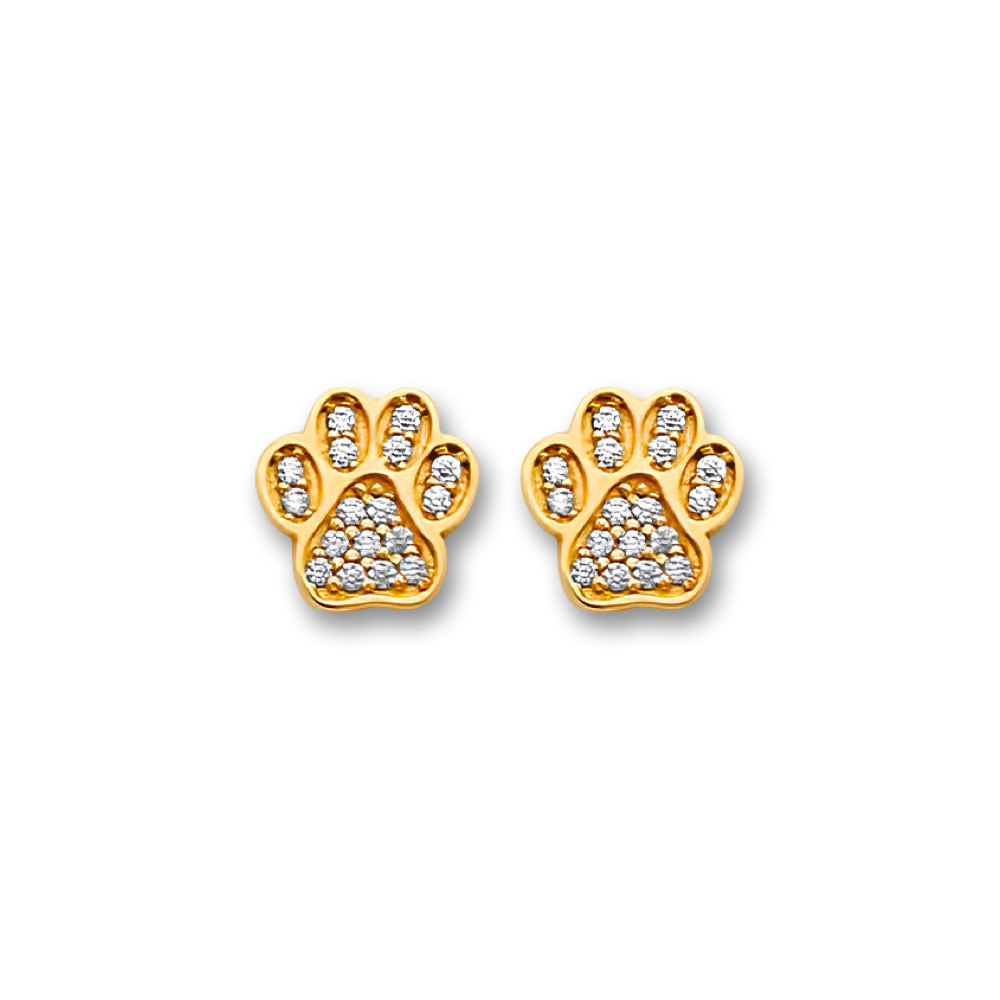 14K gold CZ paw stud earrings photographed on a plain white background, showcasing their high-polish shine and elegant sparkle.