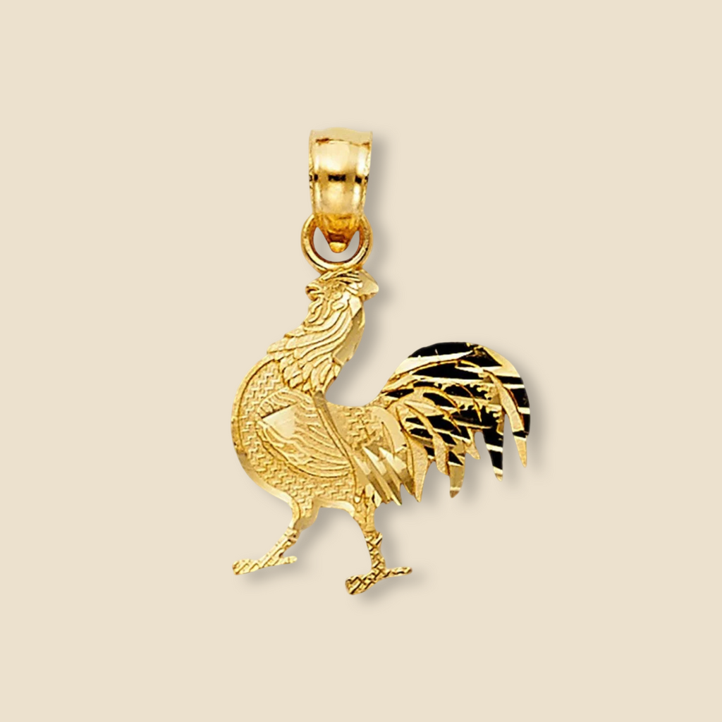 14K Solid Gold Rooster Pendant on a plain background, showcasing polished finish and fine craftsmanship.