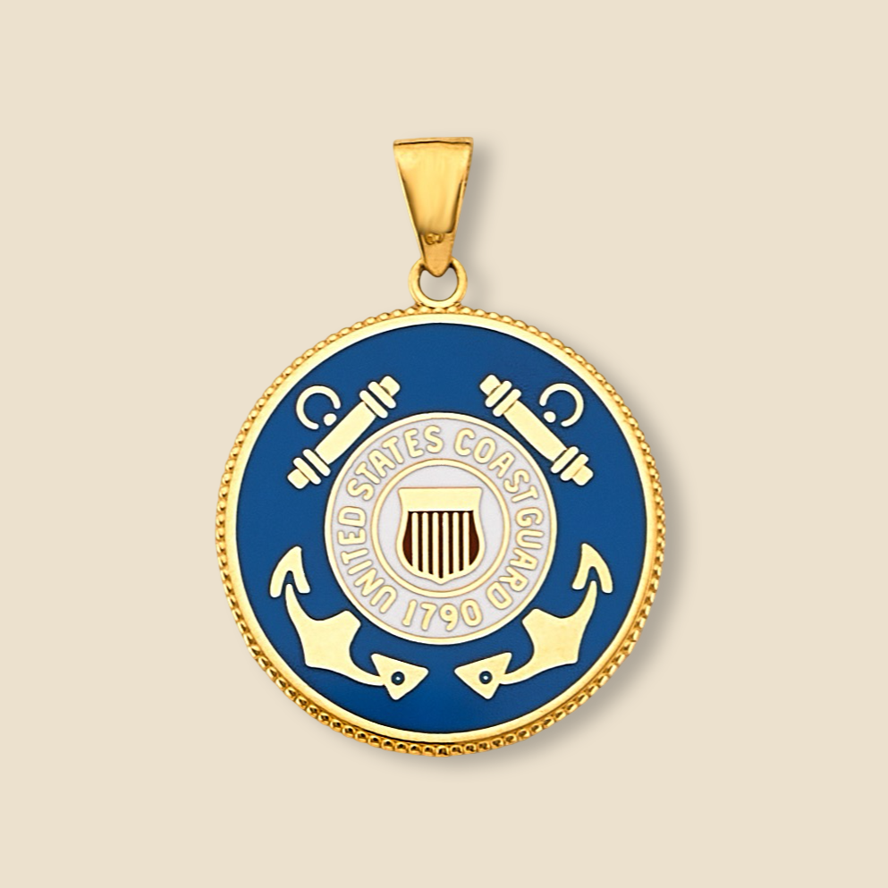 14K Gold Coast Guard Pendant shown against a plain background, showcasing the detailed insignia and round silhouette clearly.