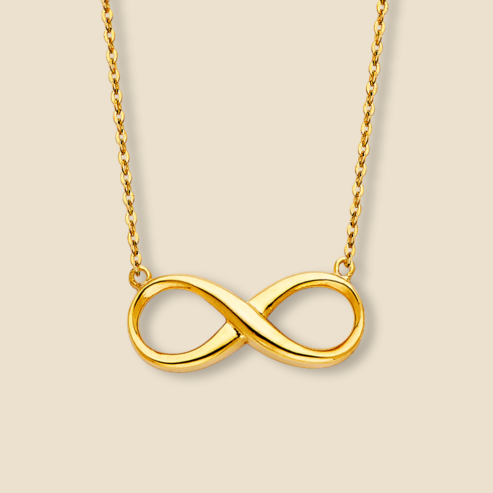 14K solid gold infinity necklace shown on a plain background, featuring a delicate chain and polished infinity symbol centerpiece.