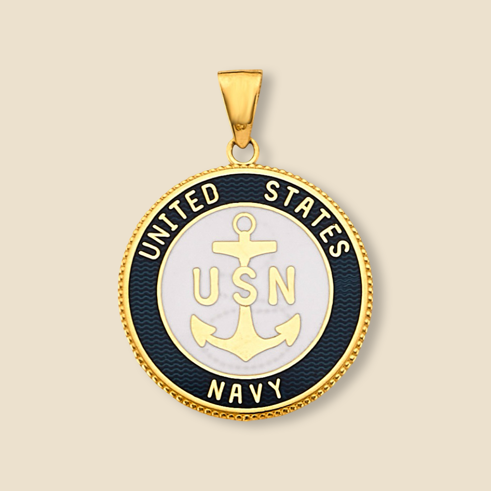 Front view of the 14K gold US Navy pendant photographed on a plain background, capturing its bold and official design.