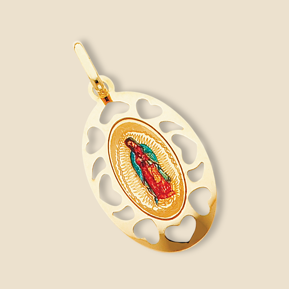 Close-up of 14K Yellow Gold Virgin of Guadalupe Pendant on a plain background, showing detailed craftsmanship and polished finish.