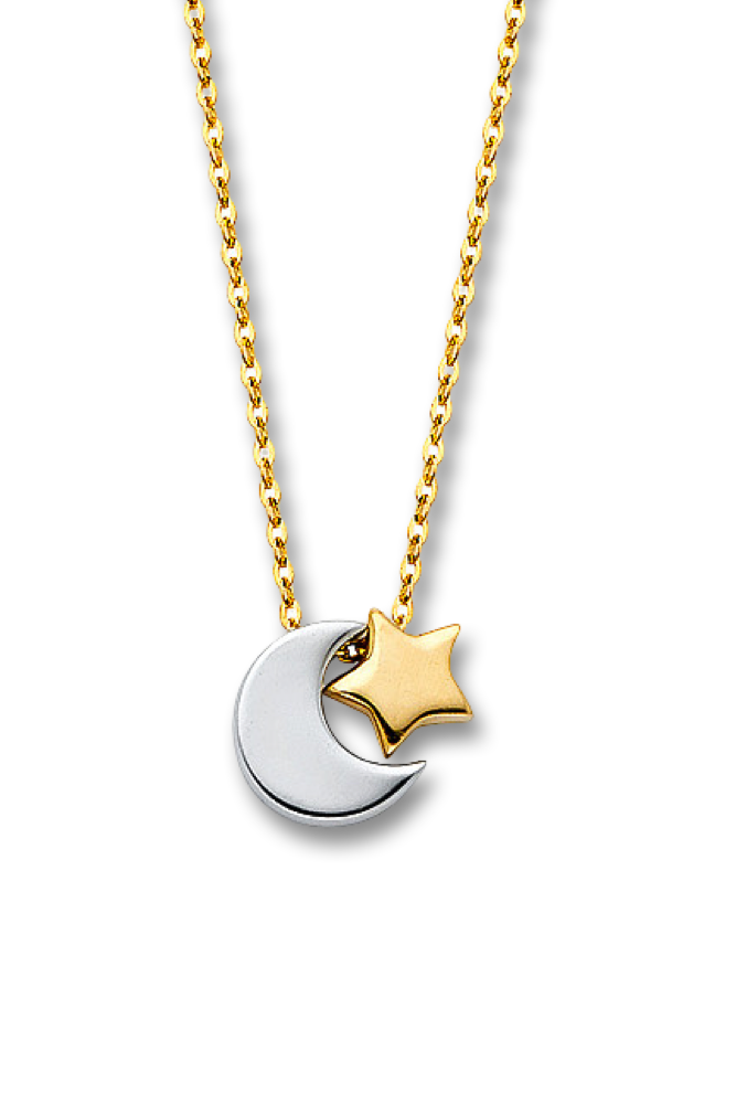 14K Two-Tone Gold Moon and Star Necklace displayed on a plain white background, showing crescent moon and star pendant on a delicate chain.