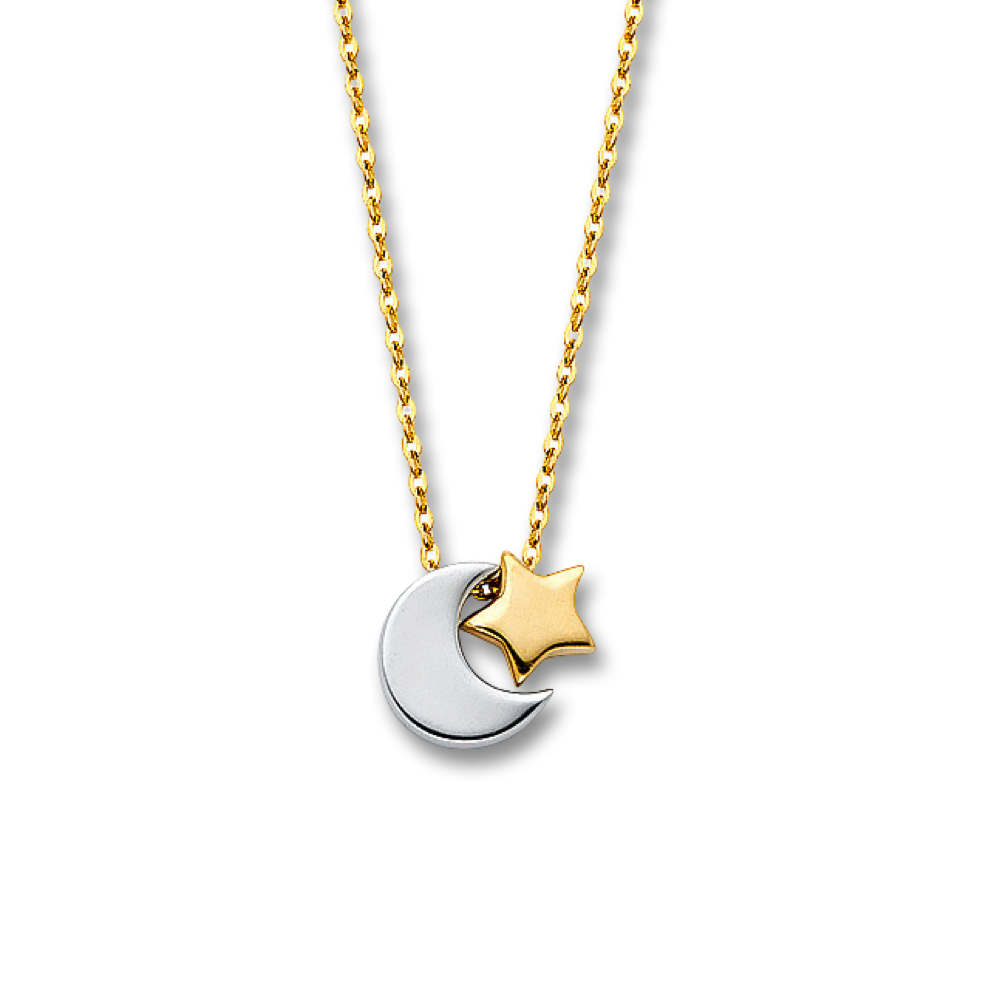 14K Two-Tone Gold Moon and Star Necklace displayed on a plain white background, showing crescent moon and star pendant on a delicate chain.