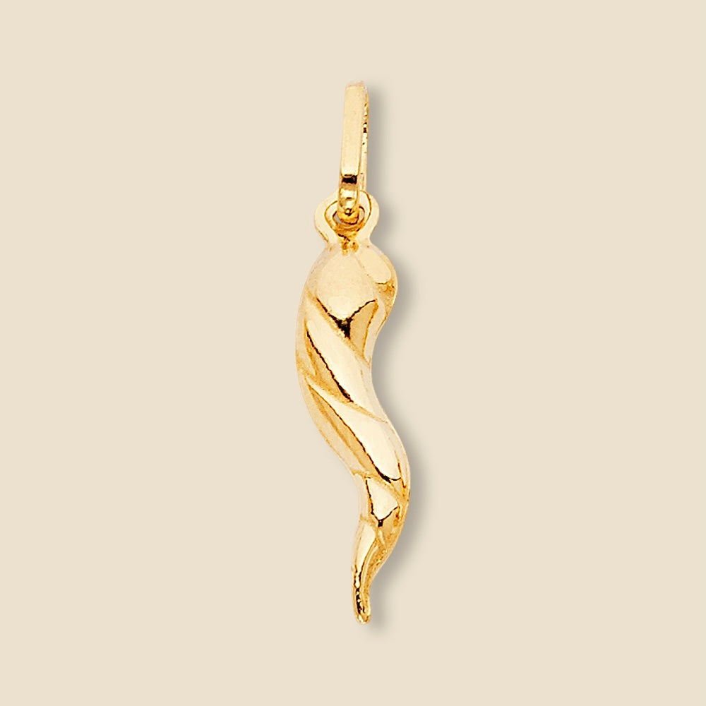 A high-quality image of a 14K Gold Twisted Cornicello Italian Horn Charm displayed against a plain white background, highlighting its elegant twisted design and polished gold finish.
