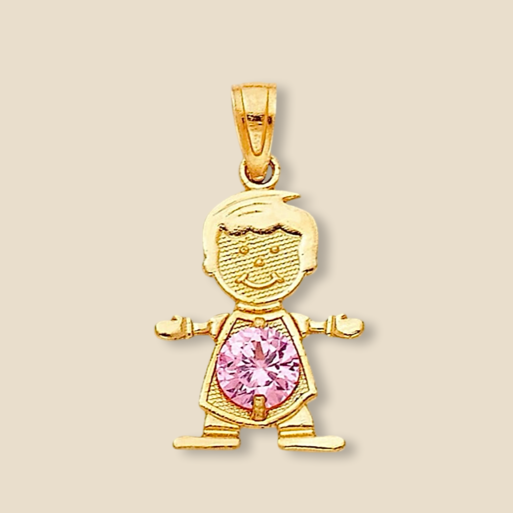 14K Solid Gold October Birthstone Boy Charm featuring a pink cubic zirconia stone, displayed on a plain background to highlight its polished finish and fine details.