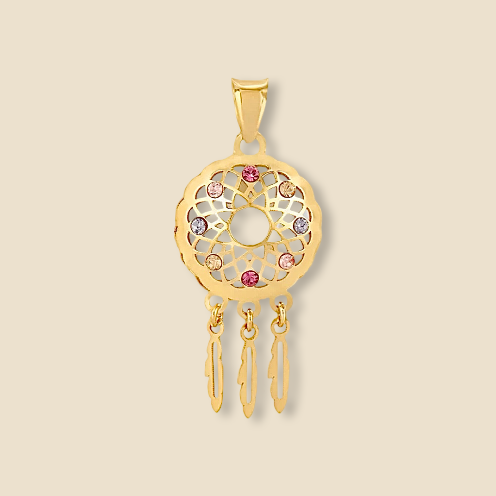 14K gold dreamcatcher pendant set against a plain background, clearly showing its intricate web pattern and polished gold finish—perfect for symbolic everyday wear.