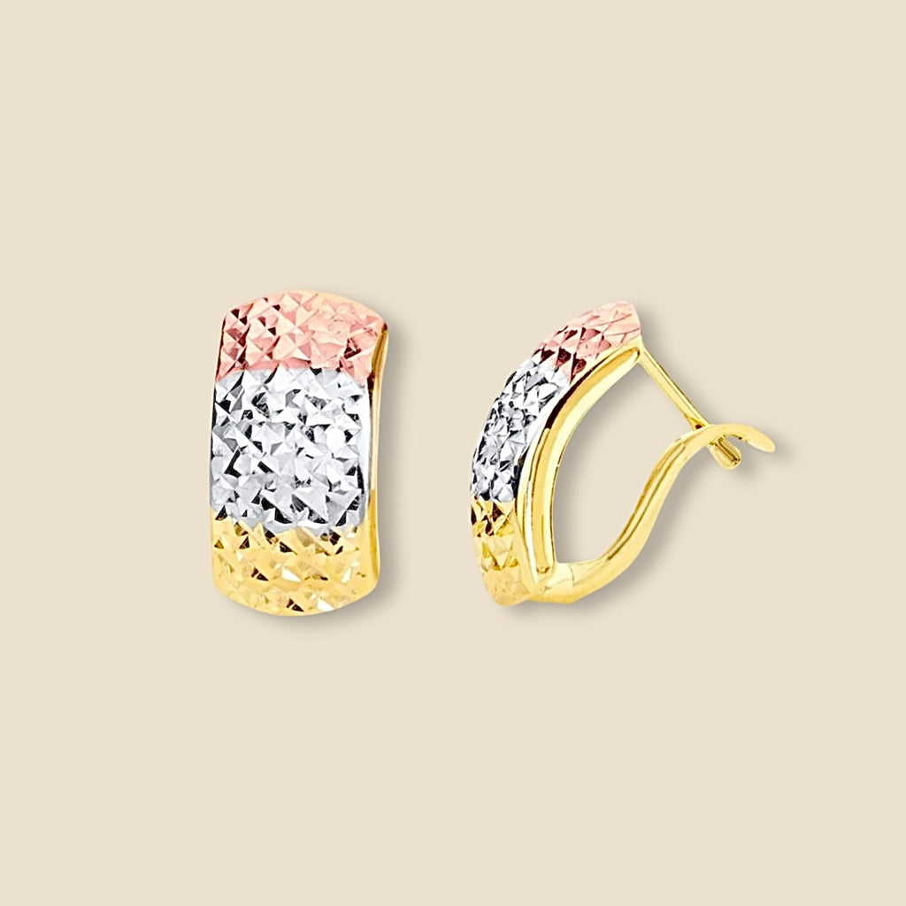 14K gold tri-color half Huggies earrings displayed on a plain background, highlighting the blend of yellow, white, and rose gold tones with elegant craftsmanship.