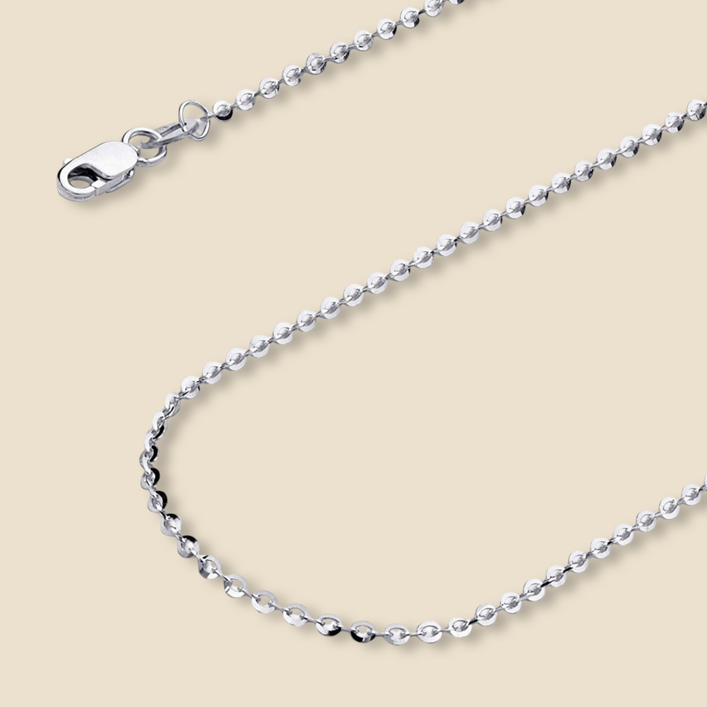 14K White Gold Rolo Cable Chain Necklace displayed on a plain background, showcasing its classic 1.6mm link design and polished finish.