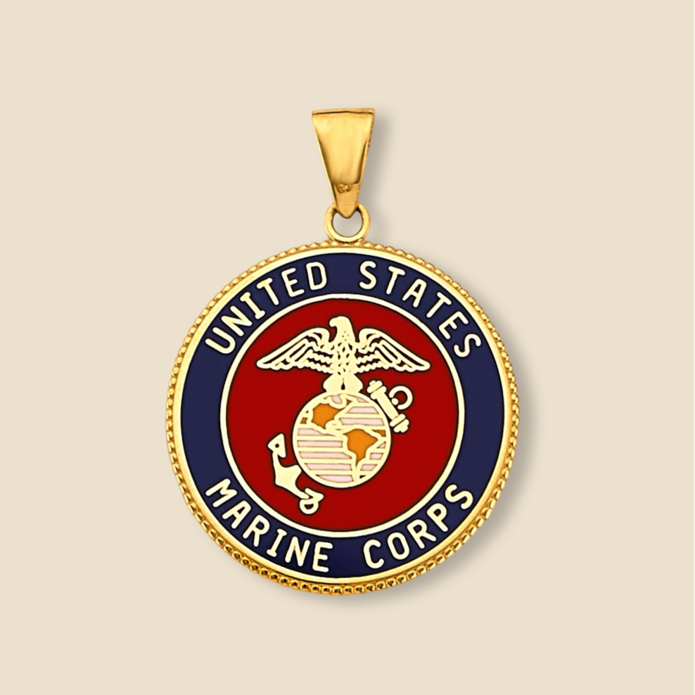 US Marine 14K Gold Pendant shown against a plain background, emphasizing its gold shine and military symbolism.