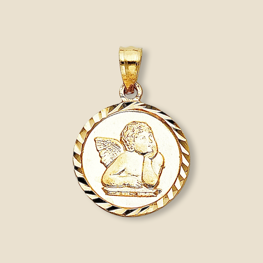 14K Gold Angel Medallion Pendant featuring a detailed angel motif, displayed on a plain background to highlight the polished gold finish.