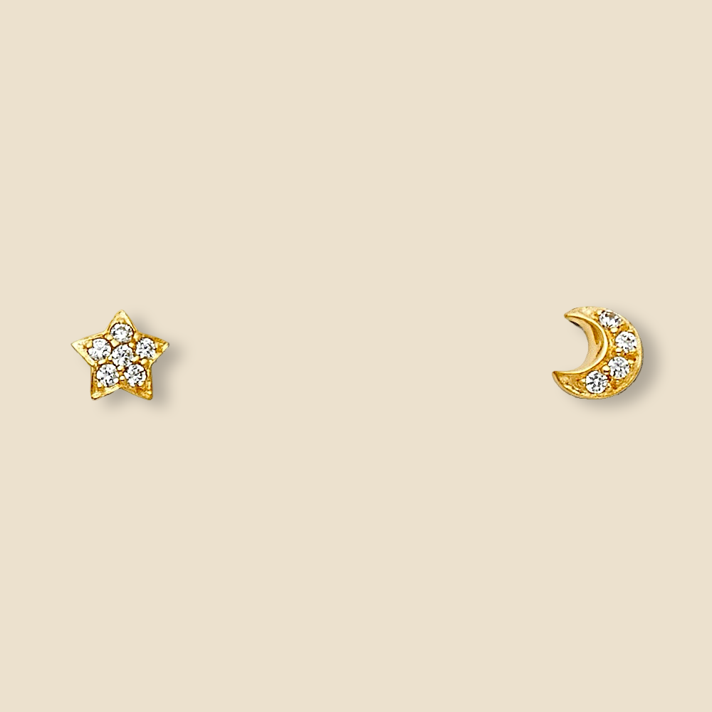 14K Yellow Gold Star and Moon Stud Earrings featuring sparkling cubic zirconia stones, shown on a plain background to highlight the dainty celestial design and high-polish finish.