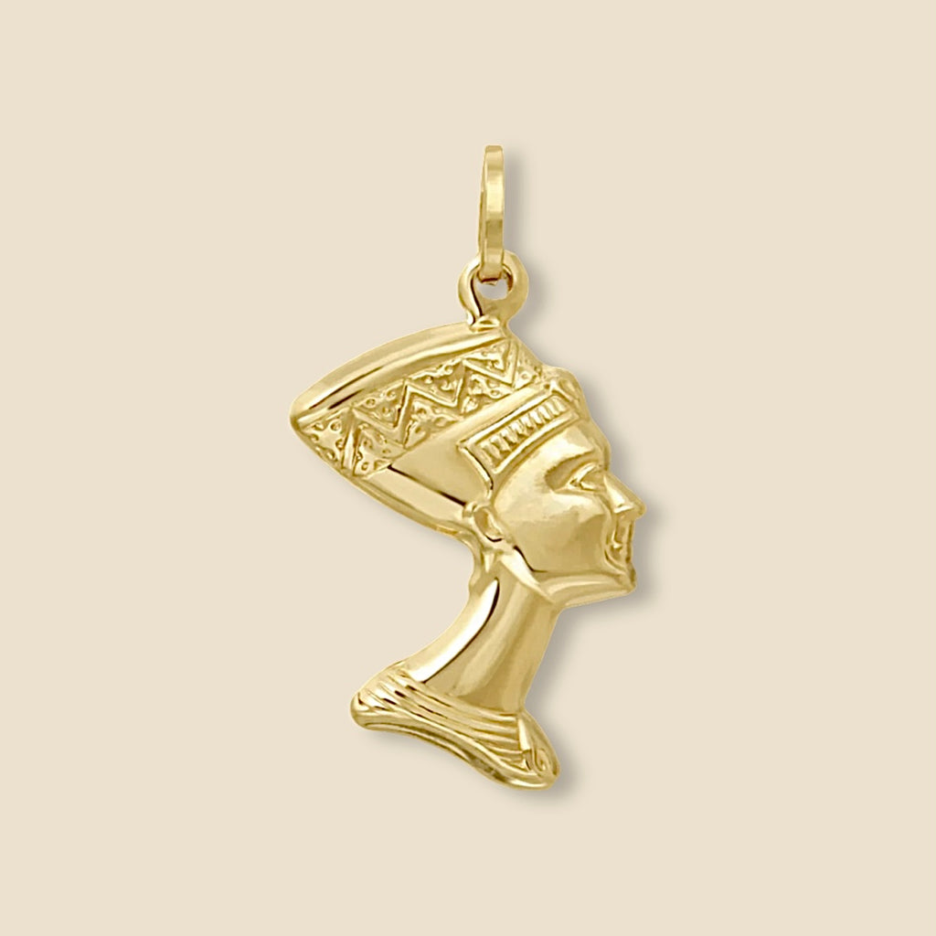 Close-up of a 14K Real Gold Nefertiti Charm, showcasing the detailed profile of the Egyptian queen, displayed on a plain background.