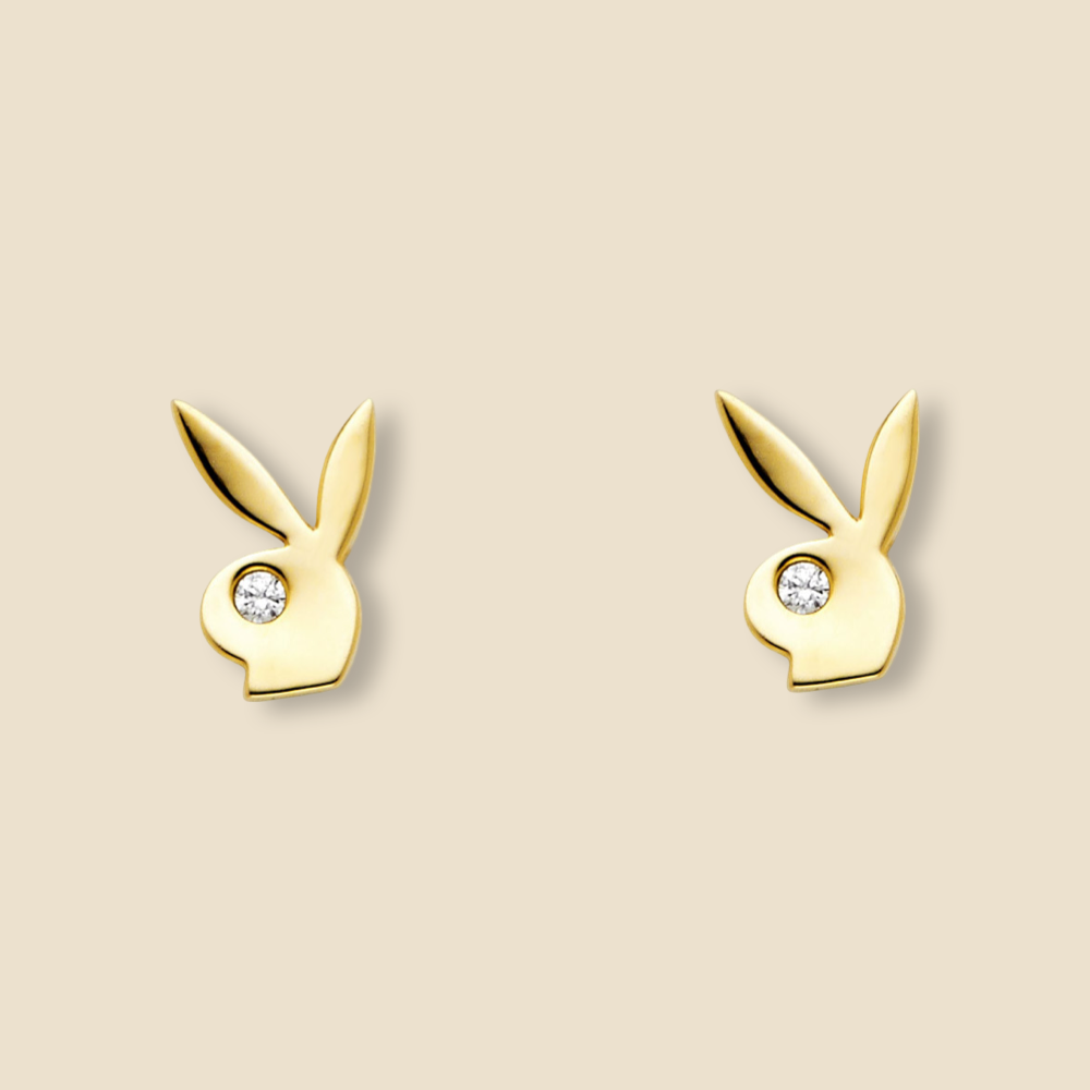 A pair of 14K gold rabbit stud earrings displayed on a plain background, showcasing their polished finish and intricate design.