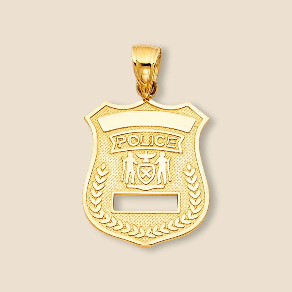 High-resolution view of a 14K Yellow Gold Police Badge Pendant against a plain background, emphasizing its bold and clean design.