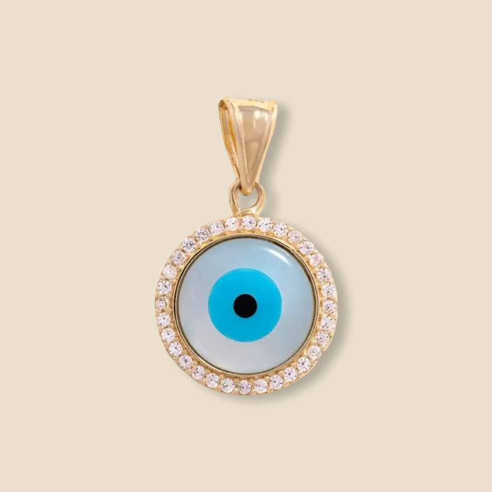 14K Gold Evil Eye Charm Pendant displayed against a plain background, highlighting its polished finish, sparkling cubic zirconia centerpiece, and intricate evil eye design.