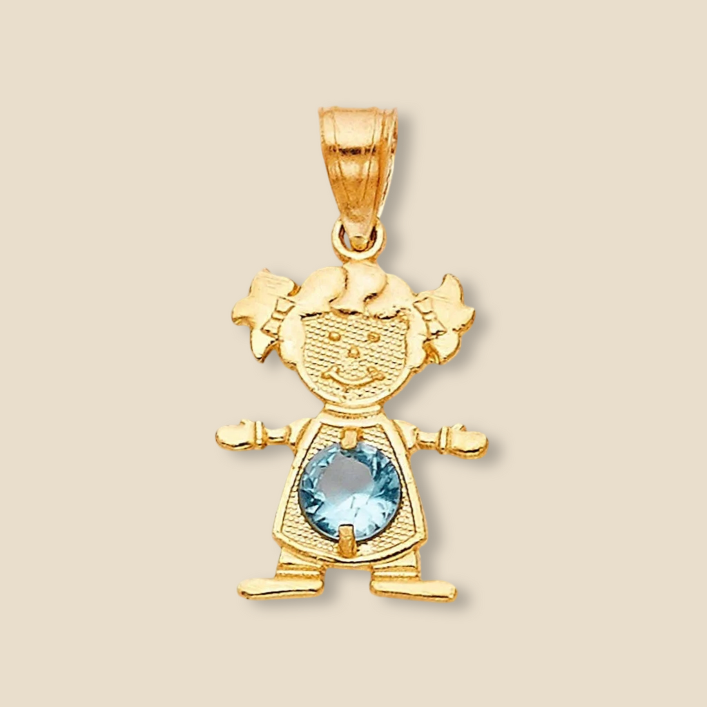 14K Solid Gold Girl Charm with a light blue cubic zirconia, displayed on a plain background to showcase the soft glow of the March birthstone.