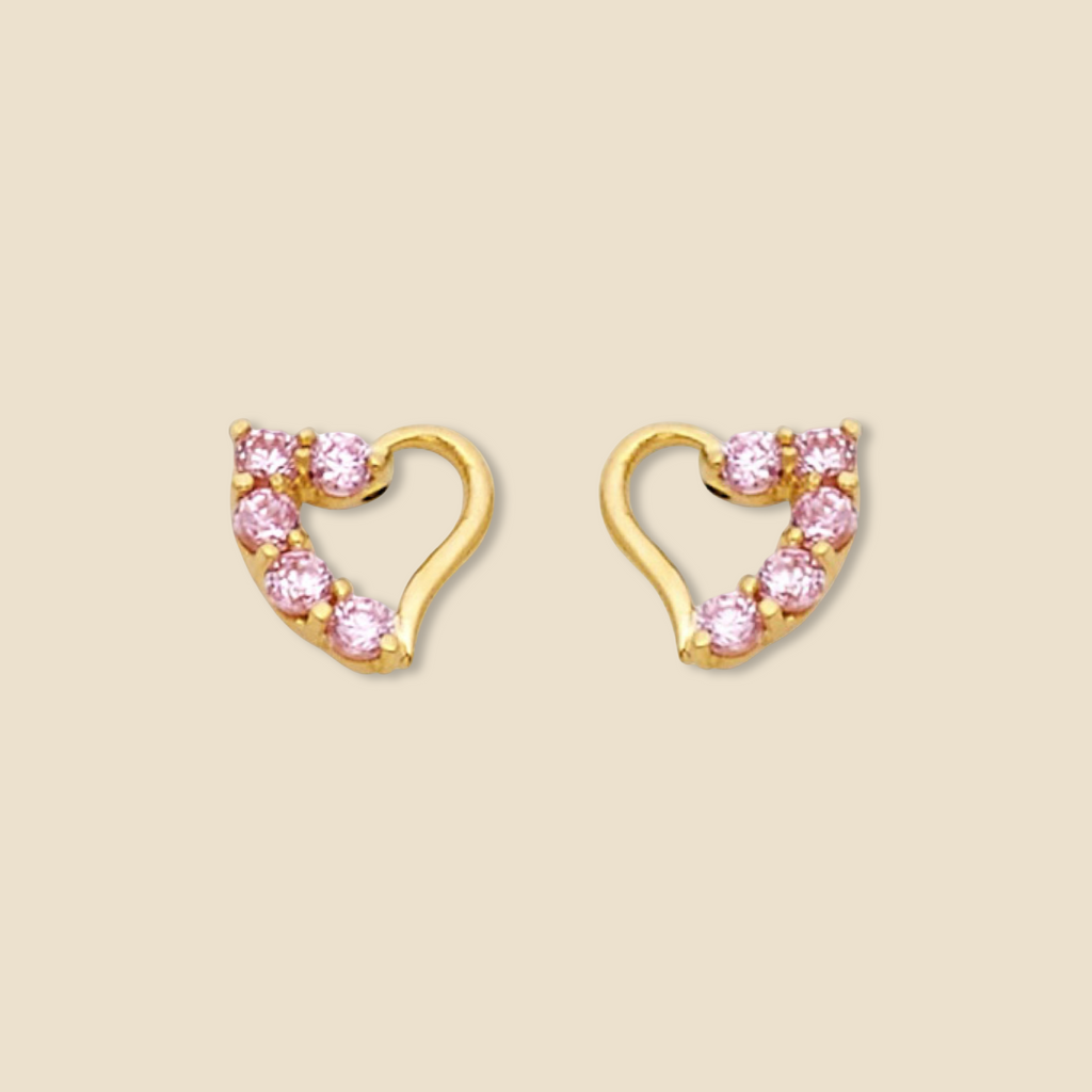 Close-up of 14K Yellow Gold Heart Pendant with Pink CZ stone on a plain background, highlighting fine craftsmanship.