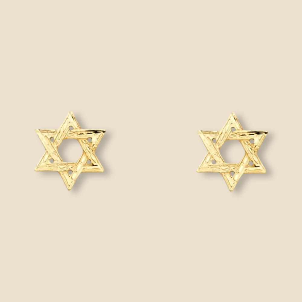 Isolated image of the 14K Gold Star of David earrings on a plain background, clearly showing their shape and shine.