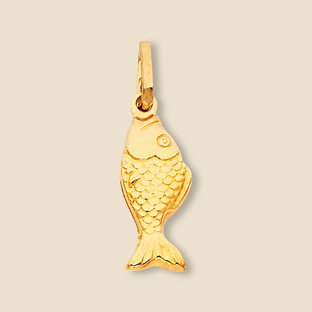 A close-up of the 14K Gold Fish Charm Pendant against a plain background, showcasing its polished gold finish and intricate detailing.