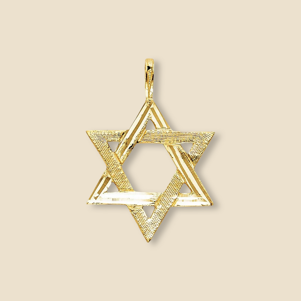A close-up of a 14K Solid Gold Star of David Pendant, featuring a sleek, high-polish finish and finely crafted edges, displayed against a plain background to showcase its elegant design.
