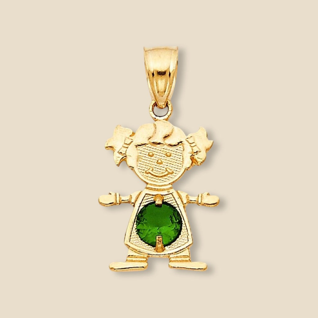 14K Solid Gold Girl Charm with green cubic zirconia, resting on a plain background, highlighting its polished finish and vivid birthstone sparkle.