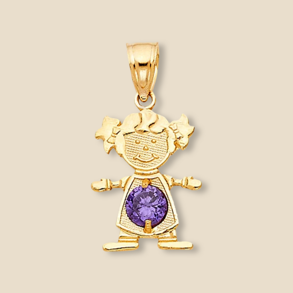 14K Solid Gold Girl Charm with a light purple cubic zirconia, shining softly against a plain background to highlight its elegant detail.