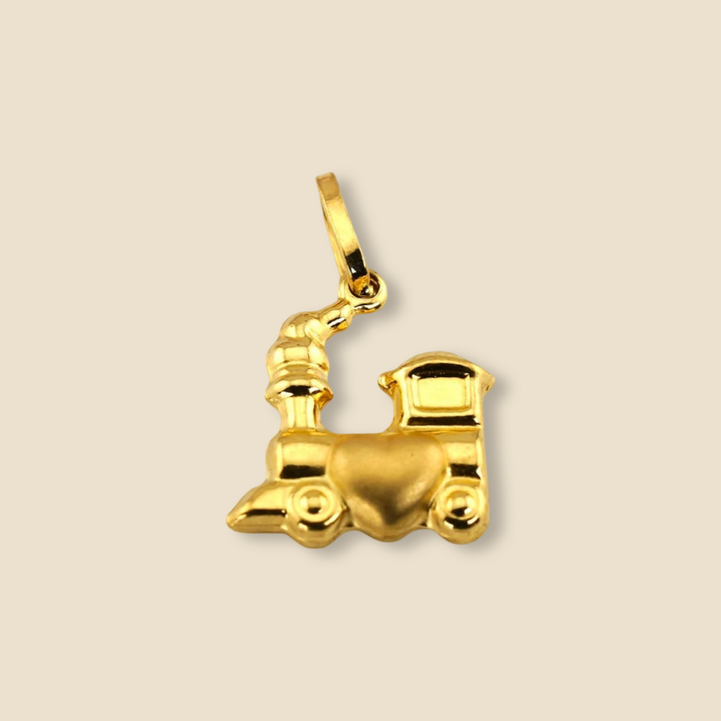 14K Gold Train of Love Pendant displayed on a plain background, highlighting its polished finish and delicate design.