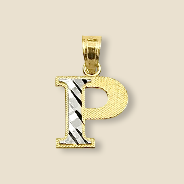 Minimalist two tone 14K gold script Initial P pendant on a plain background showcasing its elegant form.